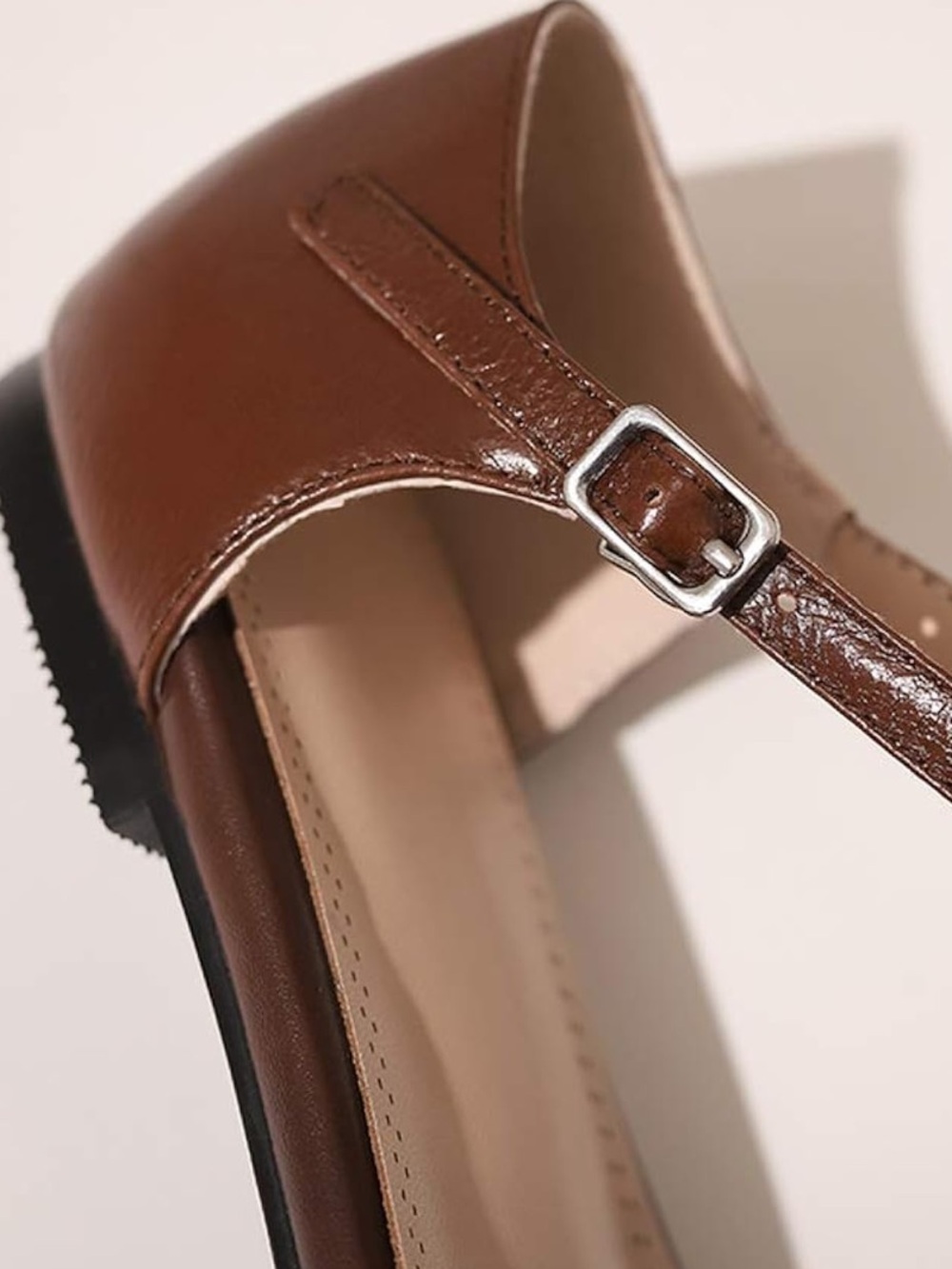 Pointed Toe T-Strap Flats Ankle Strap Genuine Leather Low Heel Pumps Closed Toe - Picture 3 of 9